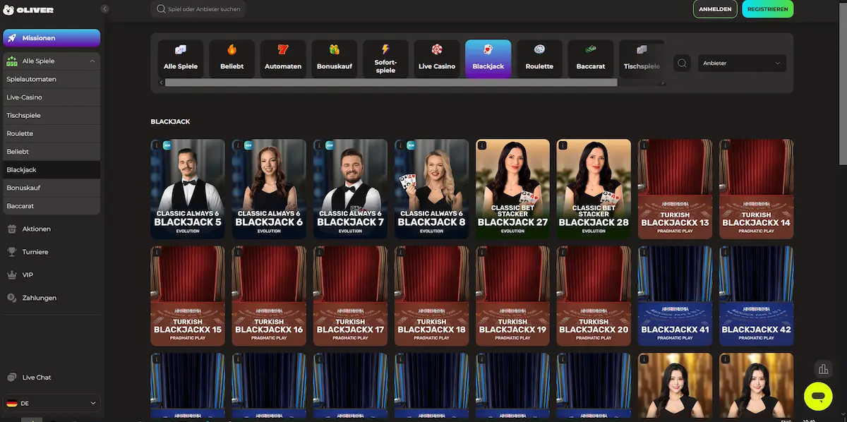 Live Blackjack Tisch bei Oliver Casino Schweiz
