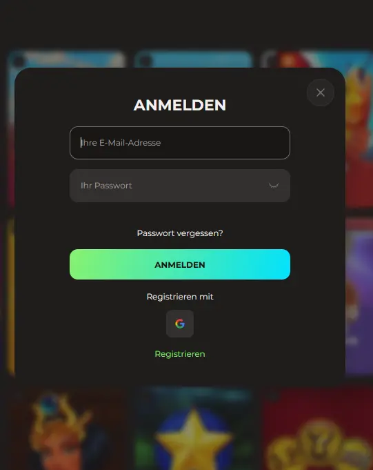 Login-Formular von Oliver Casino für Anmeldung mit E-Mail und Passwort