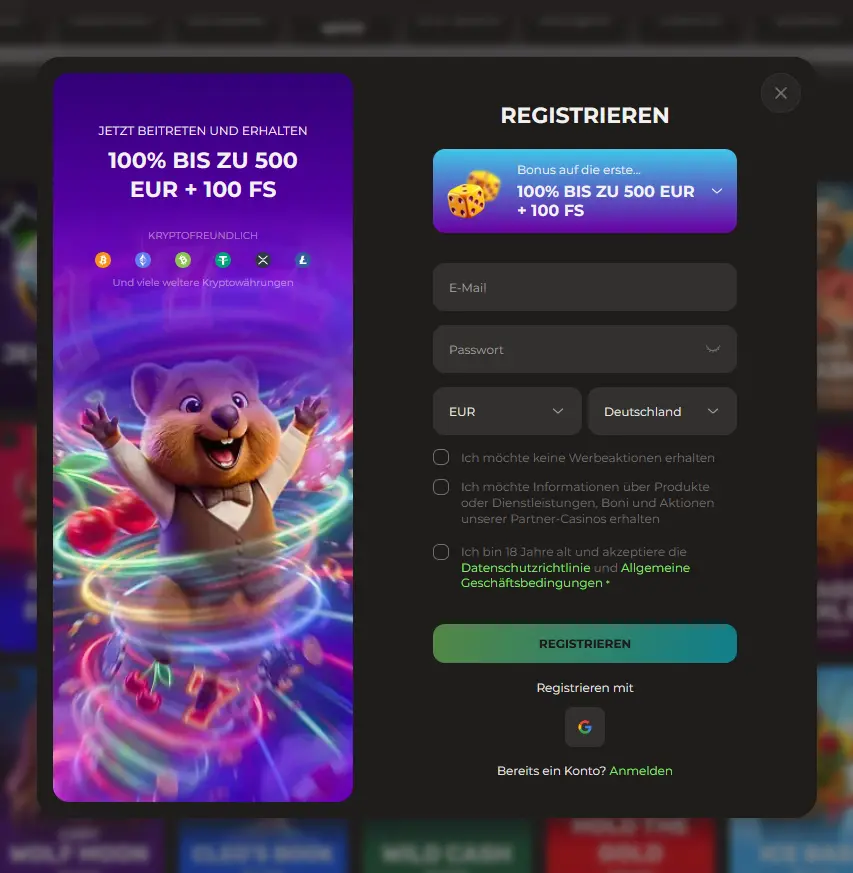 Registrierungsformular von Oliver Casino für ein neues Spielerkonto
