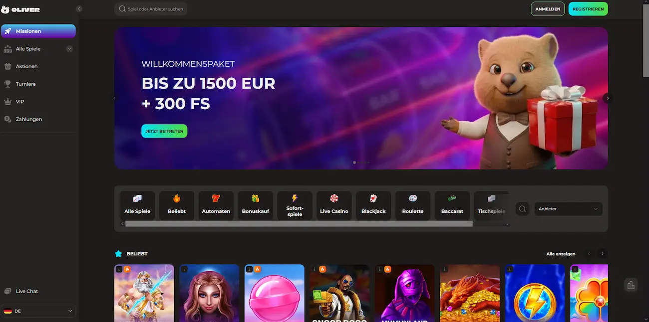 Startseite von Oliver Casino mit Willkommenspaket und Spielkatalog