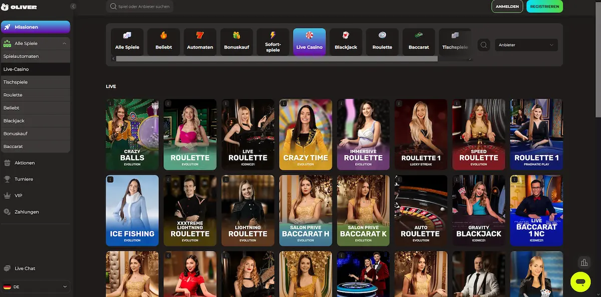 Live Casino Lobby von Oliver Casino mit Tischen von Evolution Gaming